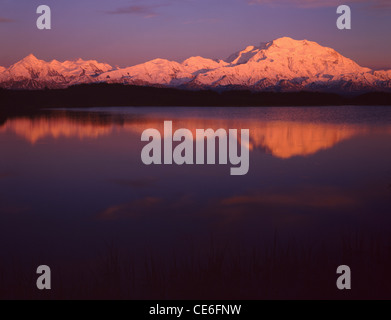 USA, Alaska, Sunset, Wonder Lake, Reflection, Mount McKinley, Denali National Park Stock Photo