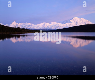 USA, Alaska, Sunset, Wonder Lake, Reflection, Mount McKinley, Denali National Park Stock Photo