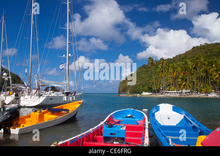 Boats in the tiny harbor at Marigot Bay on the west coast of St. Lucia, West Indies Stock Photo