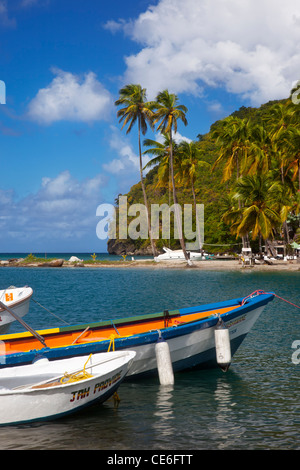 Boats in the tiny harbor at Marigot Bay on the west coast of St. Lucia, West Indies Stock Photo