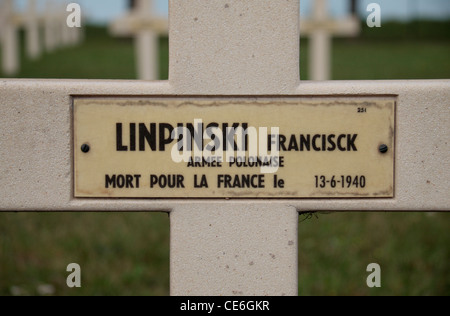 Close up of plaque on cross to Polish soldier in the International Cemetery of Bois du Puits, Aubérive, Marne, France. Stock Photo