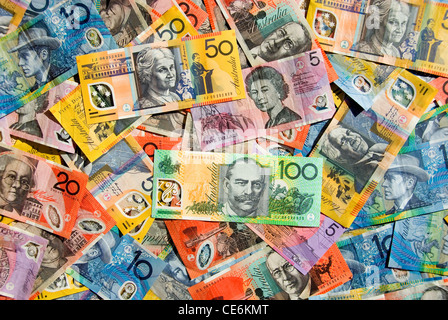 Australian Five, Ten, Twenty, Fifty and One Hundred Dollar Notes Stock Photo