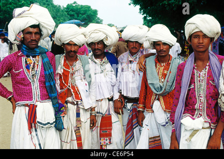 Six Rabari tribes men in white turban and local dress at Ravechi fair ; Bhuj ; Gujarat ; India Stock Photo