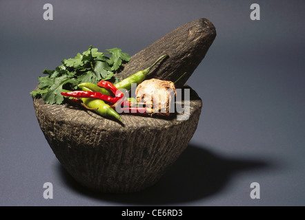 granite stone mortar and pestle ; spices for chutney ; india ; asia Stock Photo