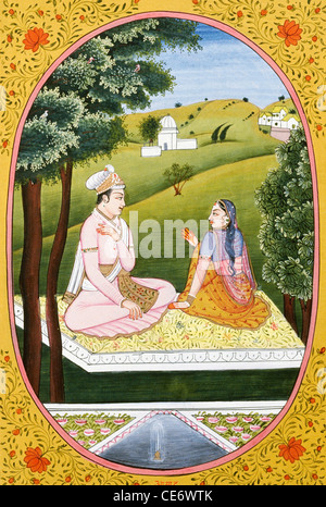 Peinture Miniature Indienne Barahmasa - Maharaja & Maharani - Gouache Sur Papier - Période 1950-1970