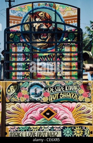 indian painted truck sign desire knows not shame grafitti make love not war kerala india Stock Photo