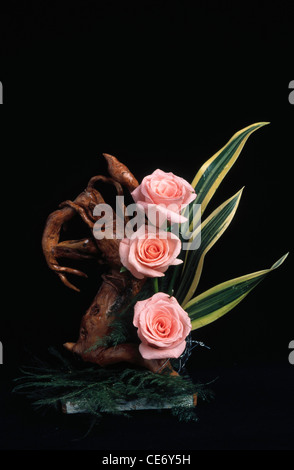 BDR 86323 : artificial flowers arrangement of three pink roses and greens on black background Stock Photo