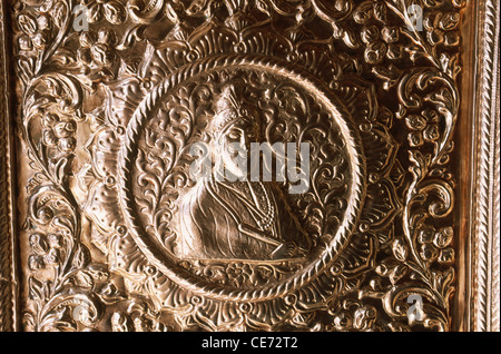 Guru govind singh design embossed on silver plate on door ; Sachkhand Gurudwarasaheb Gurudwara sahib ; nanded ; india Stock Photo