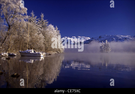 Frozen birch trees and snow-capped mountains reflected on the still waters of Loch Ness, Highlands, Scotland, UK. Stock Photo