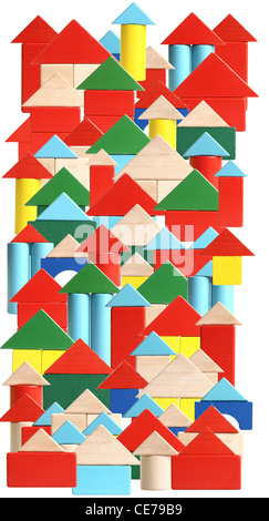 Symbol image. Living in a town, city, village, housing. Colorful building blocks, made of wood. Toys. Stock Photo