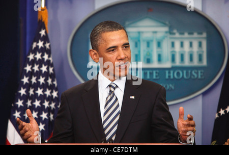 President Barack Obama makes a statement in the Press Briefing Room of the White House on April 27, 2011. Stock Photo