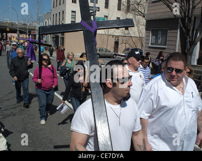 Good Friday outdoor Stations of the Cross, Our Lady of Mount Carmel Roman Catholic Church, Brooklyn, New York Stock Photo