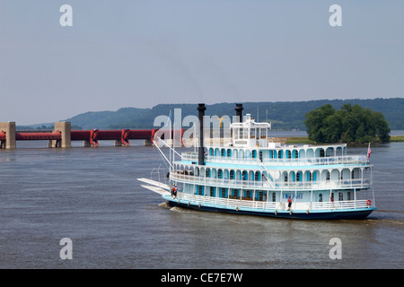 IA, Bellevue, Riverboat Twilight, on Mississippi River, approaching Lock and Dam No. 12 Stock Photo