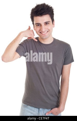 young guy showing a call me sign gesture finger, symbol of mobile phone ...