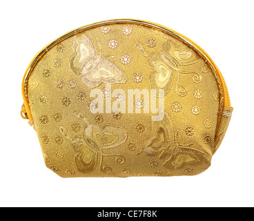 Golden fabric wallet for coins isolated on white background Stock Photo