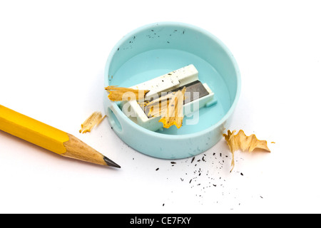 Pencil and sharpener closeup on white background Stock Photo
