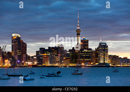 City skyline at dusk, viewed from Devonport, Auckland, North Island, New Zealand Stock Photo