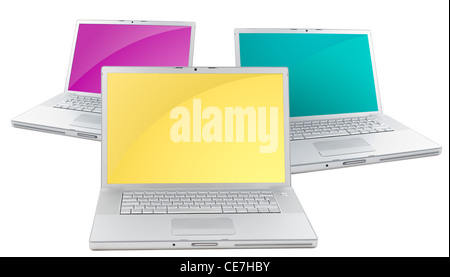 Three silver portable computers with multi-colored displays. Isolated on white. Front view. Stock Photo