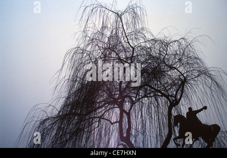 Silhouette of Tadeusz Kosciuszko Monument under leafless tree on misty day, located along the west side entrance to the Wawel Castle in the Old Town, Krakow Poland Stock Photo