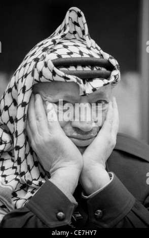 Palestinian leader Yasser Arafat wearing his famous black and white checked keffiyeh at his Ramallah Compound February 2002 Stock Photo