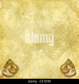 Two golden vintage Venetian masks on a rich decorated golden texture with floral and grunge elements Stock Photo