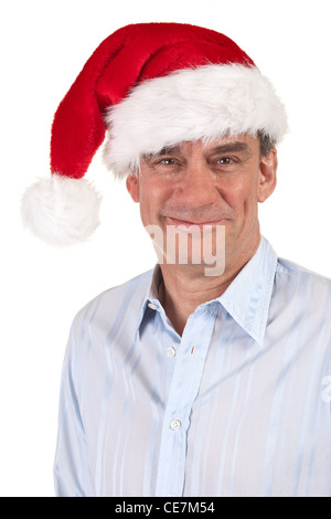 Head Shot Portrait of Smiling Handsome Man in Christmas Santa Hat Stock Photo