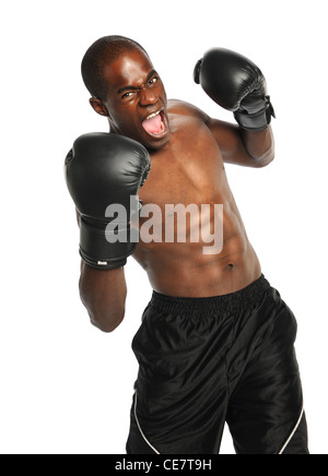 African American boxer fighting isolated over white background Stock Photo