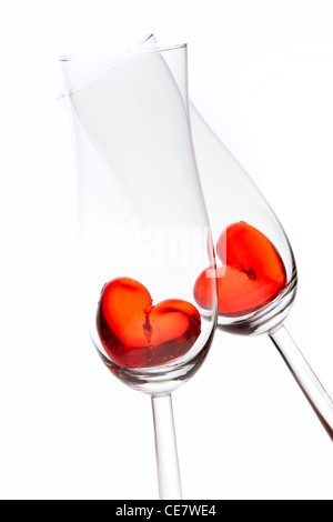 Red jelly hearts in champagne flutes. Stock Photo