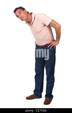 Man Bending Over Sideways to Look at Something Full Length Portrait Stock Photo