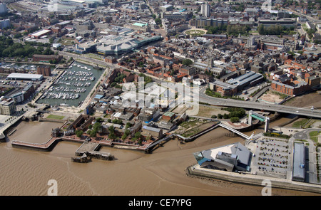 Aerial photograph of Hull from over the Humber Estuary showing The Deep and Hull Marina plus the city centre Stock Photo