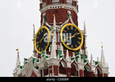 Closeup view of Spasskaya, Spassky, Savior tower of Moscow Kremlin in winter Stock Photo