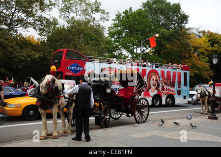 Autumn tree view sightseeing tour bus passing horse carriage and driver parked Grand Army Plaza, Central Park South, New York Stock Photo