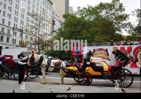 Sight-seeing tour bus, yellow taxi passing top hat carriage-driver tending horse, Grand Army Plaza, West 59th Street, New York Stock Photo