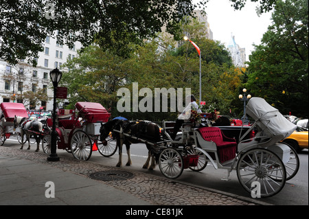 Autumn trees sidewalk view three horse-drawn carriages, Grand Army Plaza, near West 59th Street, Central Park South, New York Stock Photo