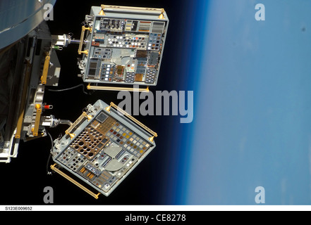 NASA recently partnered with Air Force Research Laboratory officials from Wright-Patterson Air Force Base, Ohio, to conduct materials experiments aboard the International Space Station. The Materials on the International Space Station Experiment program exposes items in suitcase-sized containers to orbit before returning them to Earth aboard the space shuttle. Pictured is MISSE 6A and 6B. Stock Photo