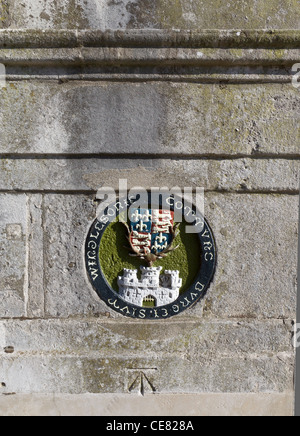 Detail of Windsor Bridge showing a plaque with the Royal Coat of Arms and a depiction of Windsor Castle. Stock Photo