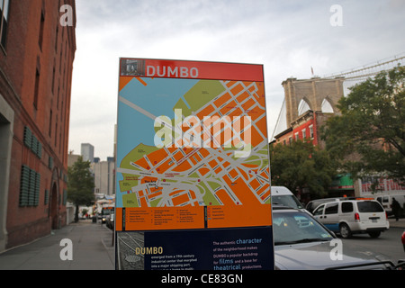 Map of Brooklyn's DUMBO (Down Under the Manhattan Bridge Overpass) neighborhood. Brooklyn Bridge can be seen in the background. Stock Photo