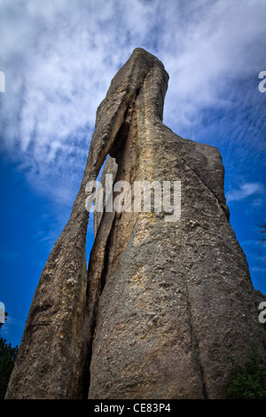 American Black Hills Custer State Park the Needles Eye Highway South Dakota in USA US low angle from below against blue sky nobody vertical hi-res Stock Photo