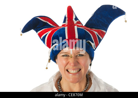 Woman is wearing a funny Brittish hat Stock Photo