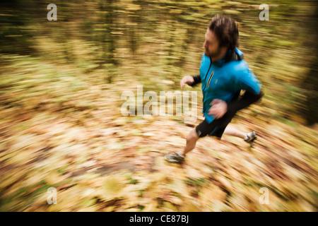 A high angle panning view of a man trail running in fall colors. Stock Photo