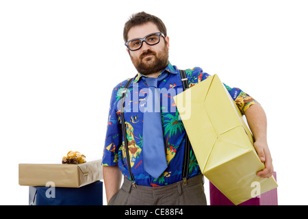 happy silly salesman with some boxes, isolated on white Stock Photo