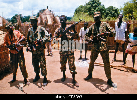 Sudanese Peoples Liberation Army soldiers guarding their village in Southern Sudan, Africa Stock Photo