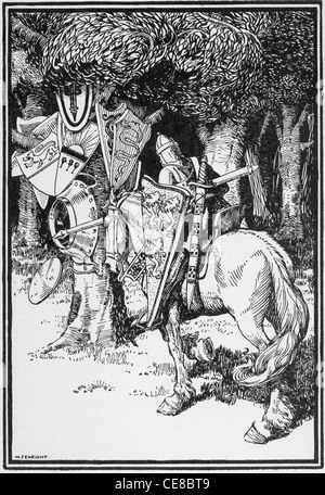 Sir Lancelot hits bottom of iron basin at foot of tree on which hung shields of brother knights, imprisoned by Sir Turquaine. Stock Photo