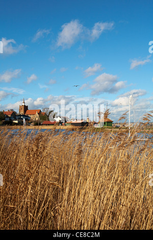 Great Britain England Maldon Essex Promenade Park Ornamental Lake with Fountains Reed Beds Winter 2012 Stock Photo