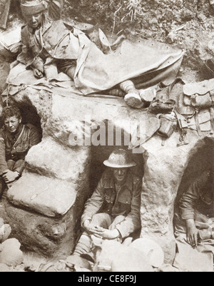 British Army Border Regiment soldiers occupying front line trenches in Thiepval Wood, The Somme, France during World War 1. Stock Photo