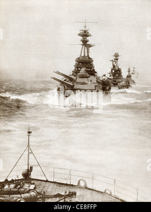 Battleships from a Battle Squadron of the Grand Fleet patrolling the North Sea in 1916 during World War I. Stock Photo