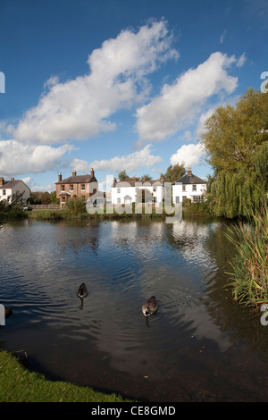 View across West End Park pond to village cottages in West End Esher, Elmbridge, Surrey KT10, England, UK. Photo:Jeff Gilbert Stock Photo