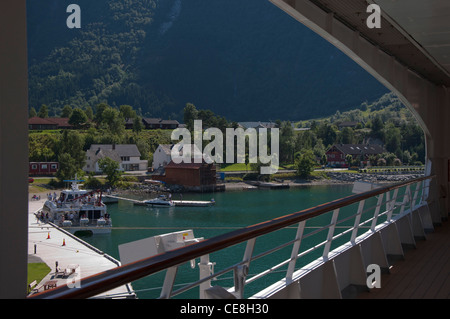 Eidfjord Norway view from cruise ship in port towards houses boats etc Stock Photo