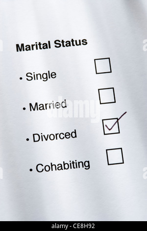 Marital status questionnaire, divorced ticked. Stock Photo