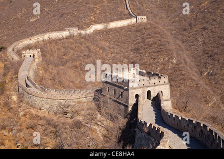 The restored section of the Great Wall of China at Mutianyu, near Beijing, taken in late winter conditions. Stock Photo